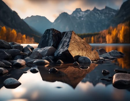 Beautiful cinematic mountain landscape with black marble and granite. High quality illustration