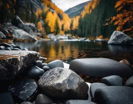 Beautiful cinematic mountain landscape with black marble and granite. High quality illustration