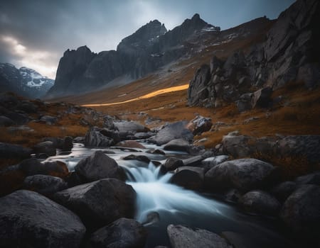 Beautiful cinematic mountain landscape with black marble and granite. High quality illustration