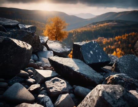 Beautiful cinematic mountain landscape with black marble and granite. High quality illustration