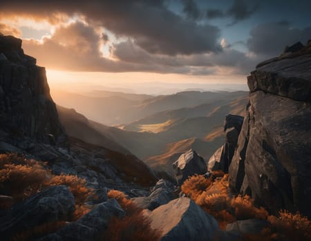 Beautiful cinematic mountain landscape with black marble and granite. High quality illustration