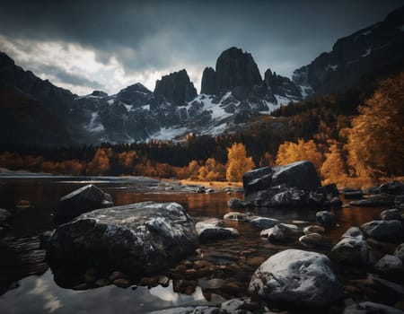 Beautiful cinematic mountain landscape with black marble and granite. High quality illustration