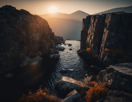 Beautiful cinematic mountain landscape with black marble and granite. High quality illustration