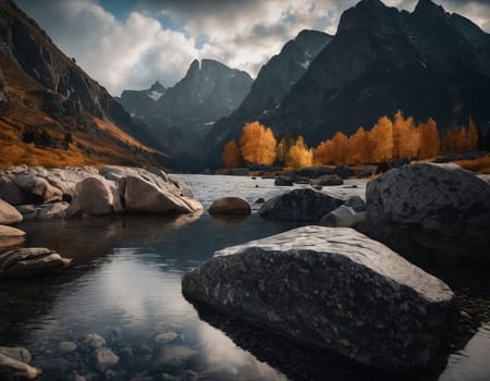 Beautiful cinematic mountain landscape with black marble and granite. High quality illustration