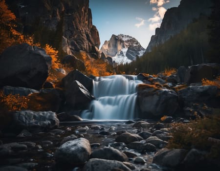 Beautiful cinematic mountain landscape with black marble and granite. High quality illustration