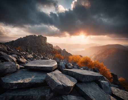 Beautiful cinematic mountain landscape with black marble and granite. High quality illustration