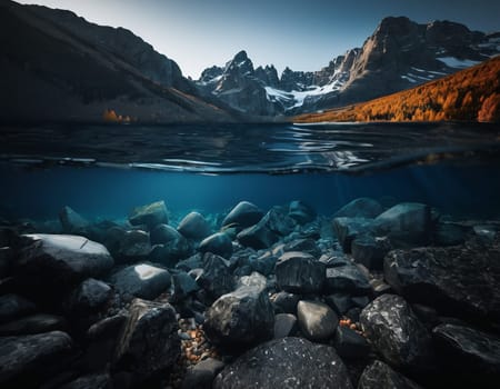 Beautiful cinematic mountain landscape with black marble and granite. High quality illustration