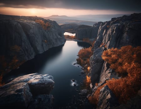 Beautiful cinematic mountain landscape with black marble and granite. High quality illustration