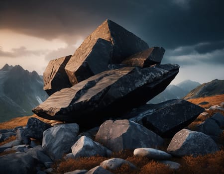 Beautiful cinematic mountain landscape with black marble and granite. High quality illustration