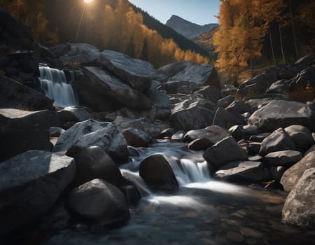 Beautiful cinematic mountain landscape with black marble and granite. High quality illustration