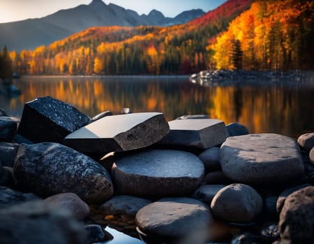 Beautiful cinematic mountain landscape with black marble and granite. High quality illustration