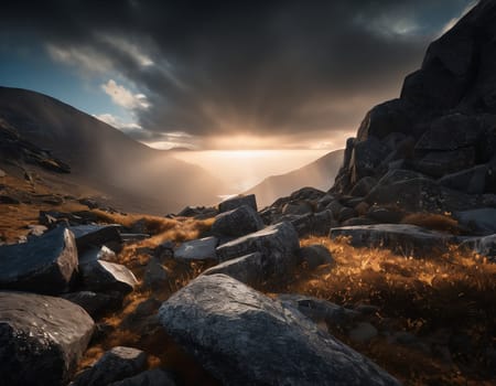 Beautiful cinematic mountain landscape with black marble and granite. High quality illustration