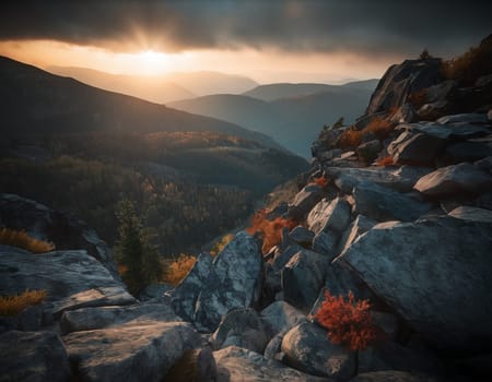 Beautiful cinematic mountain landscape with black marble and granite. High quality illustration