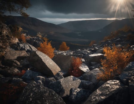 Beautiful cinematic mountain landscape with black marble and granite. High quality illustration