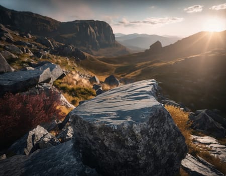 Beautiful cinematic mountain landscape with black marble and granite. High quality illustration