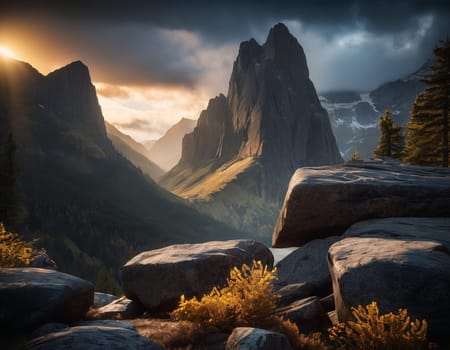 Beautiful cinematic mountain landscape with black marble and granite. High quality illustration