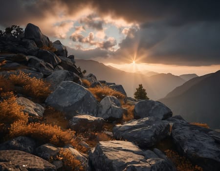 Beautiful cinematic mountain landscape with black marble and granite. High quality illustration