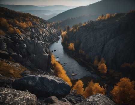 Beautiful cinematic mountain landscape with black marble and granite. High quality illustration