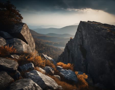 Beautiful cinematic mountain landscape with black marble and granite. High quality illustration