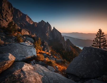 Beautiful cinematic mountain landscape with black marble and granite. High quality illustration