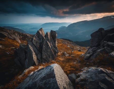 Beautiful cinematic mountain landscape with black marble and granite. High quality illustration