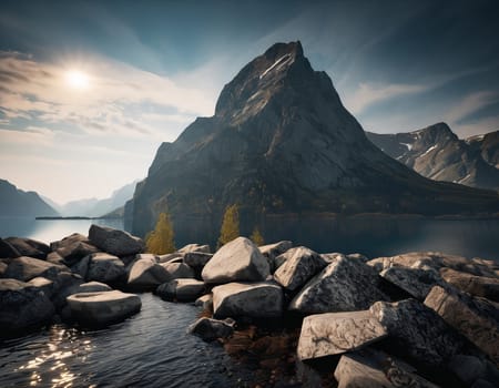 Beautiful cinematic mountain landscape with black marble and granite. High quality illustration