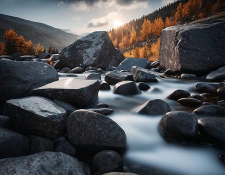 Beautiful cinematic mountain landscape with black marble and granite. High quality illustration