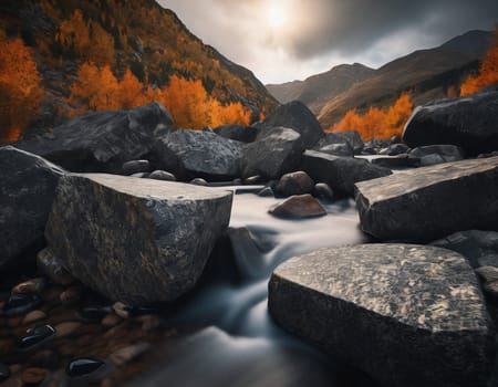 Beautiful cinematic mountain landscape with black marble and granite. High quality illustration