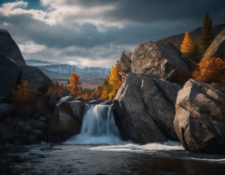 Beautiful cinematic mountain landscape with black marble and granite. High quality illustration