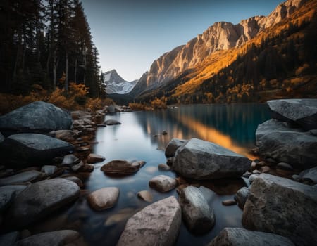 Beautiful cinematic mountain landscape with black marble and granite. High quality illustration