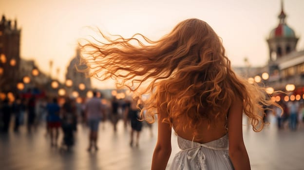 beautiful woman walking down the street on wind that blows her long hair - AI Generative