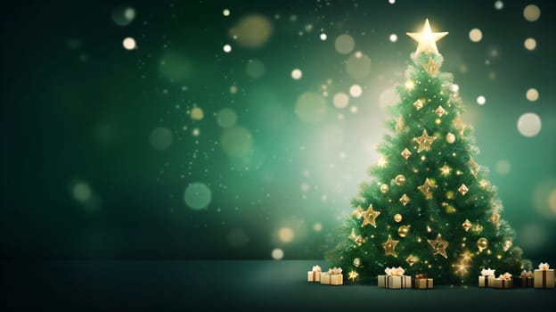 A dazzling Christmas fir tree, adorned with twinkling lights and surrounded by beautifully wrapped presents - Generative AI