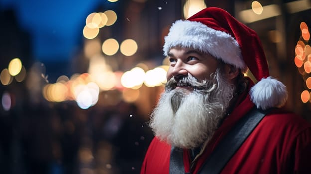 Amidst the wintry streets, a jolly man adorned in a festive red hat and bushy beard brings the spirit of christmas to life with his joyful presence and merry Santa Claus attire - Generative AI