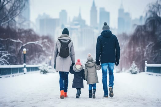 Happy family Father, mother and children are having fun and playing on snowy winter walk in nature. comeliness