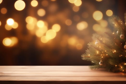 Merry Christmas and Happy New Year background with empty wooden table over Christmas tree and blurred light bokeh. Empty display for product placement. Rustic vintage Xmas 2024 background. comeliness