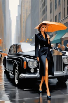 Vibrant classy lady, wearing black winter coat and high heels, umbrella hat, walking with a adult black feline, 5th avenue, manhattan, stormy, raining season, 3d render, illustration, ai art generated