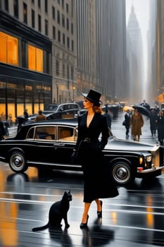 Vibrant classy lady, wearing black winter coat and high heels, umbrella hat, walking with a adult black feline, 5th avenue, manhattan, stormy, raining season, 3d render, illustration, ai art generated