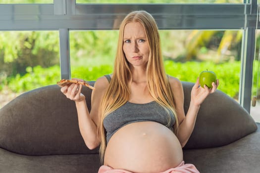 A pregnant woman faces a choice between nourishing, wholesome food and tempting fast food, highlighting the importance of healthy dietary decisions during pregnancy.