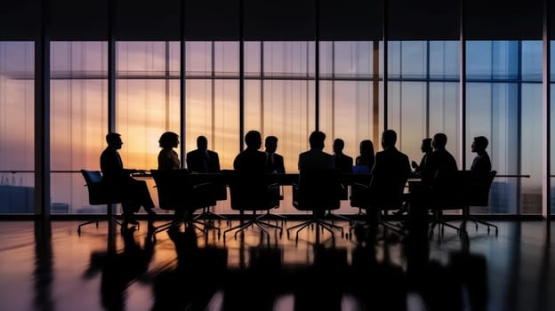 Silhouettes of group of business people against sunset comeliness