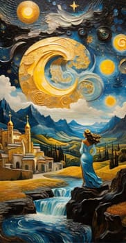 Dreamlike scene blending the swirling impressionist sky, europa village on the background, a carved fantastical female voluptous creature in elegant gala party dress, curly hairstyle, ai art generated