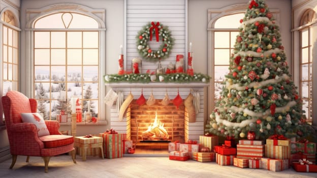 Interior of decorated living room with Christmas tree and comfortable sofa for family comeliness