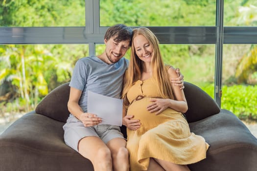 A joyful husband and his pregnant wife share a moment of excitement, smiling while looking at an important document, their faces radiating happiness and anticipation.