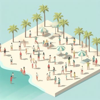 people having fun in the beach, isometric view, sea waves, 3d illustration generative ai art