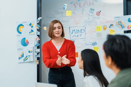 Professional attractive female leader presents creative marketing plan by using brainstorming mind mapping statistic graph and colorful sticky note at modern business meeting room. Immaculate.