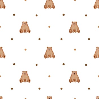 Cute watercolor pattern seamless with bear and dots. Cute teddy bear for printing on baby bedding and baby shower invitation envelopes.