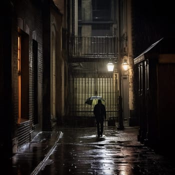 man under the rain with an umbrella walking in a dark street - black and white image
