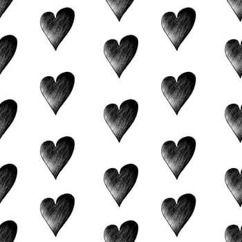 Seamless Pattern with Hearts. Hand Drawn Valentines Background. Black Hearts on White Background. Digital Paper Drawn by Colored Pencils.