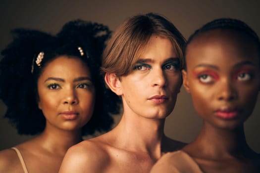 Glow, diversity and people with makeup, skincare and dermatology on a dark studio background. Group, man and women with cosmetics, multiracial and lgbtq with inclusion, shine or beauty with self care.
