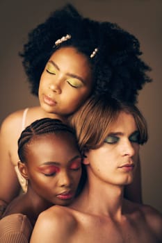 Diversity, beauty and skin, makeup and people, dermatology and inclusion isolated on studio background. Gen z, young women and man with face, equality and cosmetics with skincare and wellness.