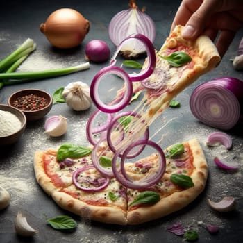flying splashing mozzarella bufala italian pizza with tomato sauce and basil food photography generative ai art
